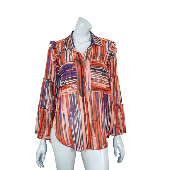 MISA Los Angeles Women's Sheer bell sleeve ruffle button blouse multi color Sz S - Picture 1 of 8